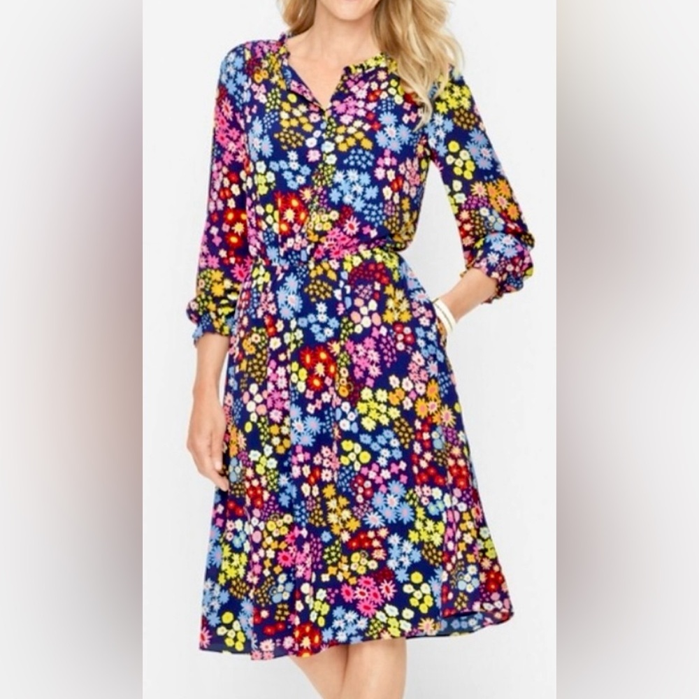 TALBOTS Fit & Flare Starburst Floral Navy Multicolor Dress Size Medium Like New